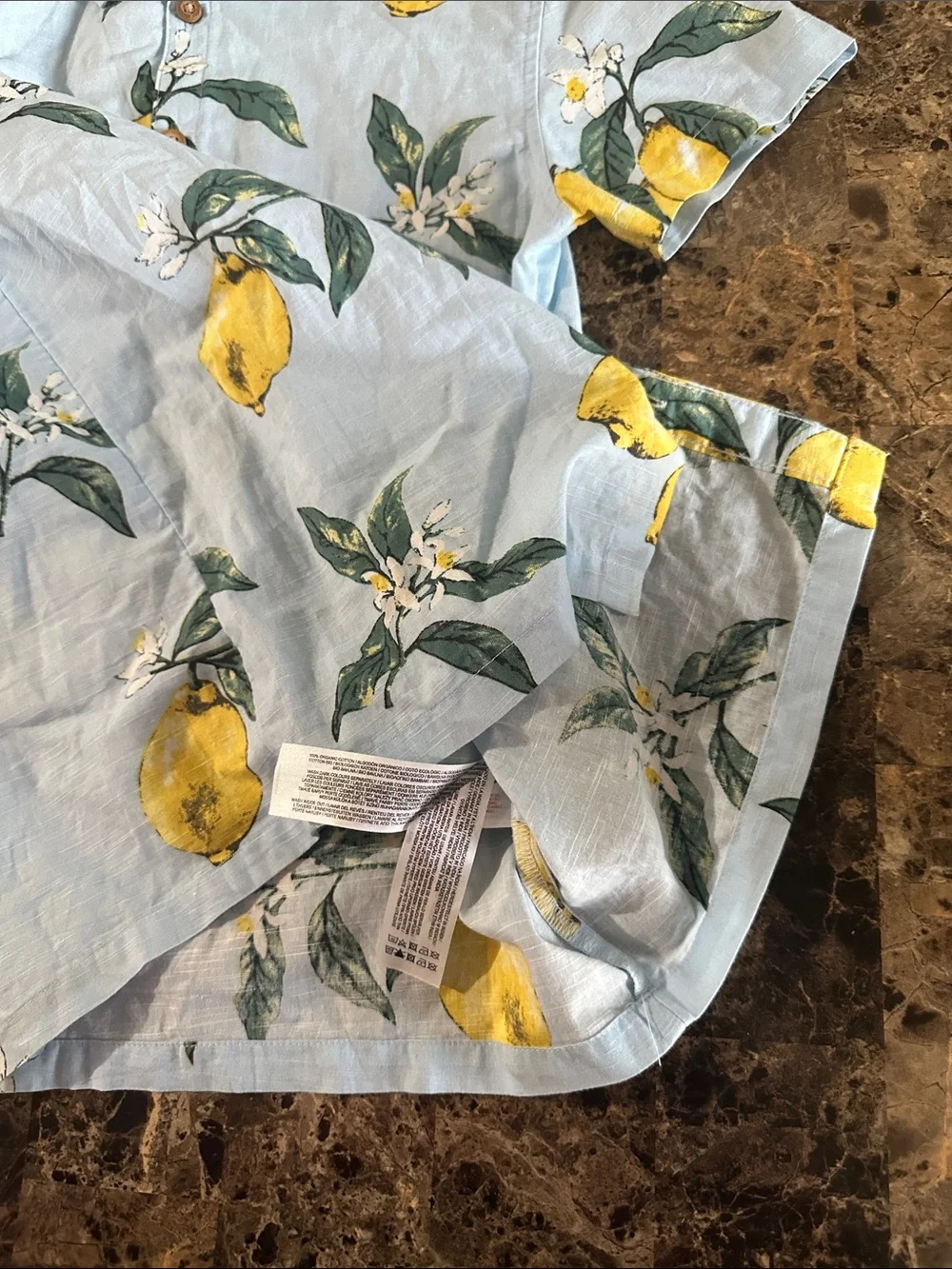 Primark Light Blue Short-Sleeve Lemon Print Button-Down Shirt 100% organic cotto